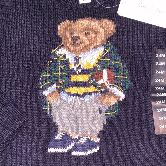 Ralph Lauren Football Designer Polo Bear Navy Blue Cotton Knit Baby Sweater 24m - Picture 3 of 14